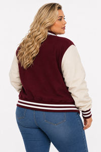 Women's Winter Solid Casual Warm <b>Woolen</b> Varsity Jacket Letterman Bomber Jacket Contrasting Sleeve Regular Fit Windproof Pockets - Product Image 4