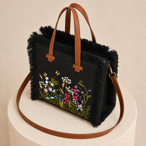 Lady Fashion <b>Black</b> Landscape <b>Sequined</b> Embroidered Tote <b>Bag</b> Canvas Lining Single Strap Fringe Shoulder Crossbody Shopping Travel - Product Image 2