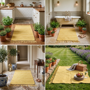 Tapis d'extérieur bohème en jute, rectangulaire, couleur unie, tissage plat, antidérapant, jaune, avec franges, pour terrasse - Product Image 2