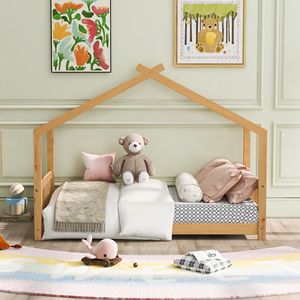 Letto a piattaforma matrimoniale naturale con testiera e pediera, letti per bambini con design unico a tetto - Product Image 2
