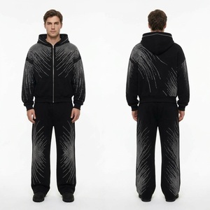 Custom <b>Black</b> Silver Crystal Scatter Fleece Sweatsuit <b>Mens</b> Zip <b>Hoodie</b> Plus Joggers Sparkling Streetwear Set - Product Image 3