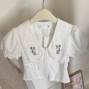 OEM Women’s Puff Sleeve Peter Pan Collar Blouse Custom Embroidery Casual Top - Product Image 4