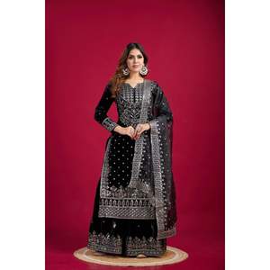 DESIGNER VISCOSE VELOURS BRODERIE SÉQUENCE TRAVAIL TOP SHARARA AVEC DUPATTA NOIR - Product Image 1