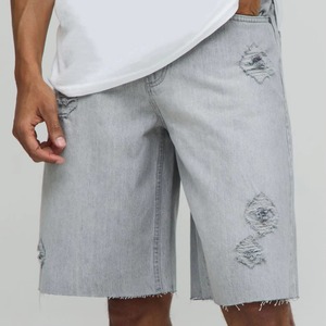 Pantalones Cortos de Mezclilla Rotos para Hombre, Color Gris Claro, Cintura Media, Cierre Elástico, Logotipo Estampado en la Parte Delantera, Estilo Casual, 100% Algodón - Product Image 5
