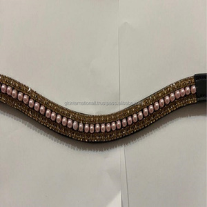 Nouveau Style De Mode De Luxe 5 Rangée Cristaux Dorés Perles Bling Strass Noir En Cuir Véritable Cheval front bande Toutes Les Tailles Personnalisées - Product Image 5