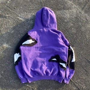 Sweat-shirt à capuche surdimensionné violet patchwork avec découpes, en coton tricoté, manches classiques, pour l'automne 2026 – Vente en gros - Product Image 4