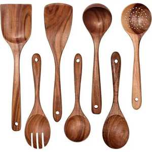Ensemble d'ustensiles en bois teinté moderne, 10 pièces, cuillères de cuisine artisanales en bois de hêtre avec des poignées minimalistes grises élégantes - Product Image 1