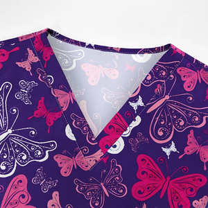 Blusa Médica con Estampado de Mariposas Personalizada - Uniforme de Enfermería con Cuello en V para Mujer - Ropa Sanitaria con Estampado por Sublimación de Alta Calidad - Product Image 6