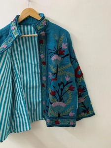 Chaqueta Boho de Punto con Cuello Mandarín y Bordado Floral para Mujer, Prenda Exterior de Algodón Regular, Estilo Casual de Primavera, Manga Larga - Product Image 3