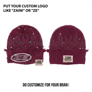 Gorro de Punto Acrílico Premium de 320 GSM, Color Borgoña, con Cristales de Imitación y Logotipo Personalizado, Gorro Cálido para Invierno - Product Image 1