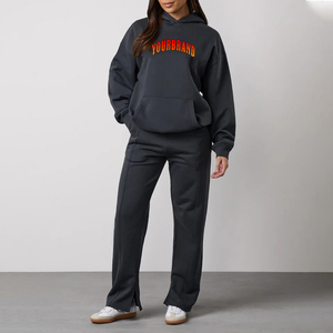 Conjunto deportivo informal de dos piezas para mujer, con sudadera con capucha y bolsillo canguro, bordado en 3D de color sólido y pantalones deportivos, estilo oversized. - Product Image 1