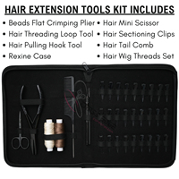 Kit d'outils pour extensions de cheveux noirs : Pince à sertir les perles plates, Outil à boucles, Crochet de tirage, Mini-ciseaux, Pinces de sectionnement, 2 fils pour perruques