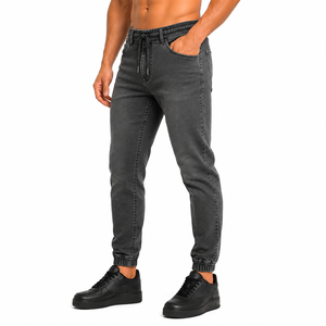 <b>Men's</b> Dark Gray High Waist Slim Fit Denim Joggers With <b>Drawstring</b> Elastic Waist And Cuffed Ankle Casual Style Autumn Wear - Product Image 5