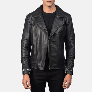 Men's Black Genuine Leather Cowhide Leather <b>Jacket</b> Turn-down Collar Zipper Closure <b>Slim</b> <b>Fit</b> Autumn Wear - Product Image 1