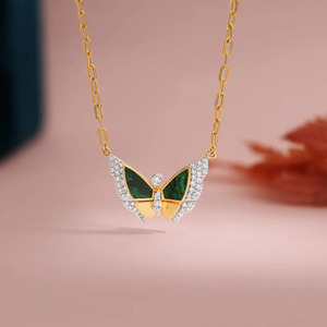 <b>Emerald</b> Wing Diamond Butterfly <b>Pendant</b> Necklace with Sculpted Gold Design - Product Image 3
