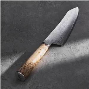 Couteaux de cuisine beige et marron avec manche, lames à motif ondulé argenté et anneau d'accentuation rouge pour trancher, hacher et préparer les aliments - Product Image 4