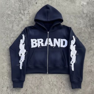 Glory Sweat à capuche zippé pour homme, style streetwear, avec logo personnalisé, en tissu épais, délavé à l'acide, effet vieilli vintage, coupe courte, broderie de strass, OEM - Product Image 3