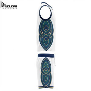 Conjunto de Camiseta y Pantalones Cortos de Baloncesto Sublimados OEM, Blanco y Azul Marino con Paneles Laterales con Nudo Celta en Verde Azulado y Dorado, Uniforme Deportivo - Product Image 3