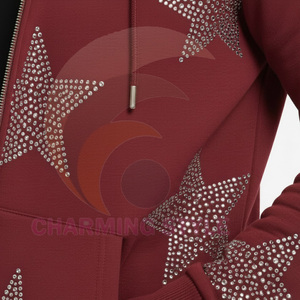 Sudadera con capucha para hombre 100% algodón con cremallera, logo bordado, estampado de diamantes de imitación negros, talla grande - Product Image 6