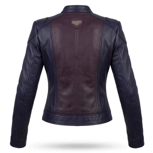 <b>Womens</b> Dark Purple Two Tone Genuine Leather <b>Jacket</b> Asymmetrical Zip Stand Collar Padded Elbow Motorcycle Biker Coat - Product Image 2
