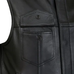 <b>Men</b>’s Club Style Black Leather Vest Collarless Motorcycle Biker Waistcoat with Sleek Minimal Design & Front Dual Closure - Product Image 5