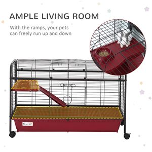 Gabbia per Animali su Ruote da 41 Pollici con Rampa per Piccoli Animali Come Conigli, Porcellini d'India, Furetti - Rosso/Nero - Product Image 4