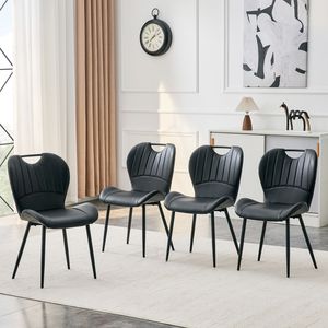 Set di 4 Sedie da Pranzo in PU Nero con Maniglia Integrata, Telaio in Metallo Nero e Piedini Regolabili per Sala da Pranzo - Product Image 1