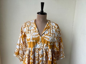 Women's Yellow Floral Block Print Puff Sleeve Midi <b>Dress</b> Tie-Neck <b>Loose</b> Fit Casual Summer <b>Dress</b> With Ruffle Hem - Product Image 3