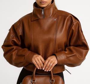 เสื้อแจ็คเก็ตหนังแท้ทรงบอมเบอร์โอเวอร์ไซส์สำหรับผู้หญิง พร้อมเข็มขัด สไตล์ไบค์เกอร์ ซิปหน้า - Product Image 3