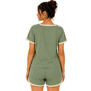 Olive Green And Cream Women Two Piece Shorts Set Square Neck Button <b>Top</b> Football Print Casual Summer Cotton Lounge Wear Outfit - Product Image 2