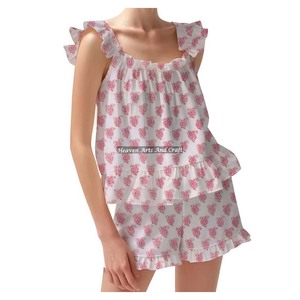 Women's Floral Pajama Set 2 Piece Loungewear Ruffle Hem Tank Top Vest Shorts <b>PJs</b> Set Ruffle Sleeve Cami Lounge Set Ruffle Trim - Product Image 3
