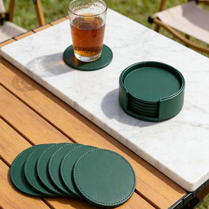6 Pcs Handmade Leather <b>Coaster</b> Set with Holder, 4 Inch Thickened Heat-Resistant placemats, <b>Coasters</b> <b>for</b> <b>Drinks</b>, Green Luxurious - Product Image 4
