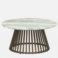 Table basse de luxe pour la décoration de la maison, de haute qualité, de forme ronde, avec plateau en marbre naturel et base en bois à lattes, finition brune