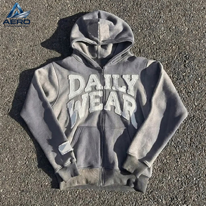 Nouveau style 2026 – Sweat à capuche zippé unisexe personnalisé avec logo, broderie vieillie, coupé-cousu, patch vintage, délavage acide pour homme - Product Image 1