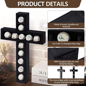 Teenyyou Soporte de exhibición para anillos de béisbol y softbol, con 12 postes, para anillos de campeonato, 9 x 14 pulgadas, de madera, para montaje en pared, con diseño de cruz - Product Image 2