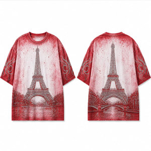 เสื้อยืดแขนสั้นพิมพ์ลายหอไอเฟลสีแดงทรงโอเวอร์ไซส์สำหรับผู้ชาย ดีไซน์ลายพิมพ์สไตล์สตรีท คอกลม - Product Image 1
