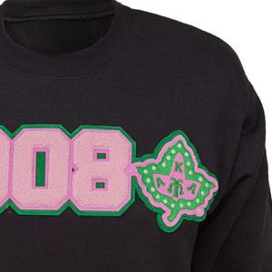 Black 1908 Embroidered Crew Neck <b>Sweatshirt</b> with <b>Pink</b> Green Emblem Long Sleeve Pullover Casual Women's Fashion Top Soft Warm - Product Image 3