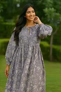 Ethnic White Floral Hand Print Purple Cotton Midi <b>Dress</b> With Tie Neck Puff Sleeve <b>Loose</b> Fit Casual Summer <b>Dress</b> For Women - Product Image 5