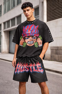 Trendy <b>Men's</b> Washed Distressed Graphic <b>T</b>-<b>Shirt</b> <b>and</b> <b>Shorts</b> Set 100% Cotton DTG Printed 2 Piece Matching Set - Product Image 3