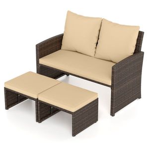 Set di mobili da giardino con divanetto in rattan PE e 2 pouf con cuscini rimovibili su struttura in metallo - Product Image 4
