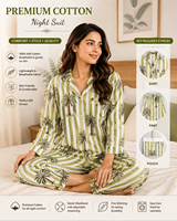 Ensemble de pyjama élégant pour femmes en coton à imprimé floral rayé olive, manches longues, décontracté, fait main, chef-d'œuvre