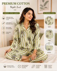 Ensemble de pyjama long en coton imprimé palmiers et rayures olive de qualité supérieure pour femme – Vêtement de nuit décontracté fait main, un chef-d'œuvre, idéal comme cadeau - Product Image 3