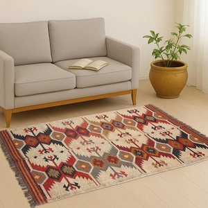 Tapis Bohème Géométrique Rectangulaire à Tissage Plat Antidérapant pour Salon, en Laine Acrylique à Poils Courts avec Franges - Product Image 3