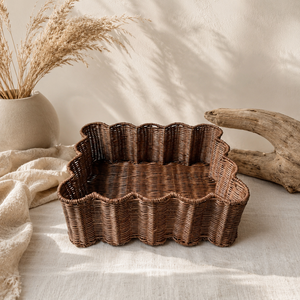 Handmade Dark Brown <b>Rectangle</b> Rattan Scallop <b>Storage</b> <b>Basket</b> for Home Organization Eco-friendly Organizer - Product Image 1
