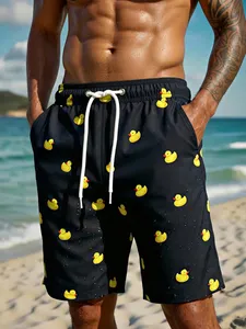 Bañador de verano negro para hombre con estampado de pato de dibujos animados, divertidos pantalones cortos de playa con cordón en la cintura y bolsillo, ropa de baño informal para vacaciones - Product Image 1
