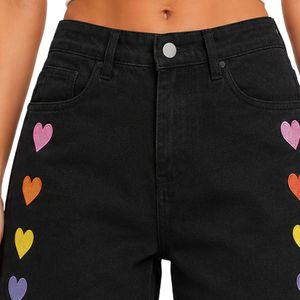 Shorts de Mezclilla para Mujer con Bordado de Corazón Arcoíris Negro, Cintura Alta, Corte Holgado Informal, Dobladillo Enrollado, Algodón, Moda Verano - Product Image 5