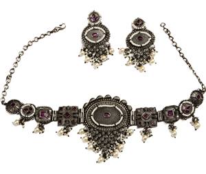 Conjunto de Collar y Pendientes de Plata Oxidada Vintage con Rubíes, Estilo Boho, para Compromiso, Novia, Boda, Aniversario, con Perlas Colgantes - Product Image 1