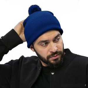 <b>Blue</b> Pom-Pom <b>Beanie</b> Hat Unisex Hand Knitted Solid Color Winter Cap Casual Style 56-58CM Head Circumference Acrylic Material - Product Image 4