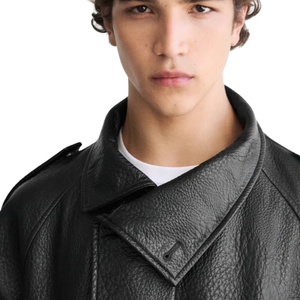 Blouson streetwear noir en cuir véritable pour homme, col boutonné, épaulettes, poignets ajustables, coupe oversize, texture texturée - Product Image 4