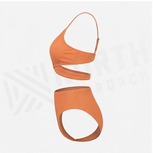 Orange Ribbed 2 Piece Bikini Set <b>Crossed</b> Halter <b>Top</b> High Waist Bottom Women Swimwear - Product Image 3